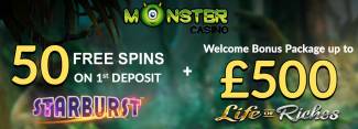 Monster Casino - Exclusive £€5 Free Chip + £€500 Welcome Bonus + 50 Free Spins on Starburst