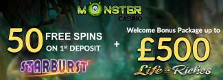 Monster Casino - Exclusive £€5 Free Chip + £€500 Welcome Bonus + 50 Free Spins on Starburst