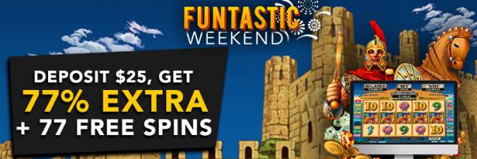 Slotastic Casino - Weekend 77% Bonus up to $375 + 75 Free Spins on Achilles