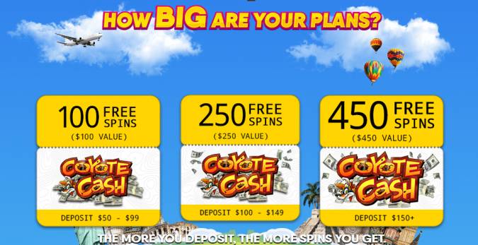 450 Free Spins Bonus Code worth $450 on Coyote Cash @ 4 RTG Casinos