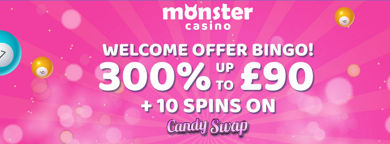 Monster Casino - Exclusive 300% Welcome Bonus up to £€90 + 10 FS on Candy Swap
