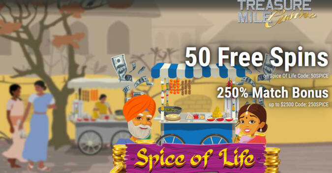 Treasure Mile Casino - Exclusive 50 No Deposit FS Bonus Code on Spice of Life + 250% Bonus