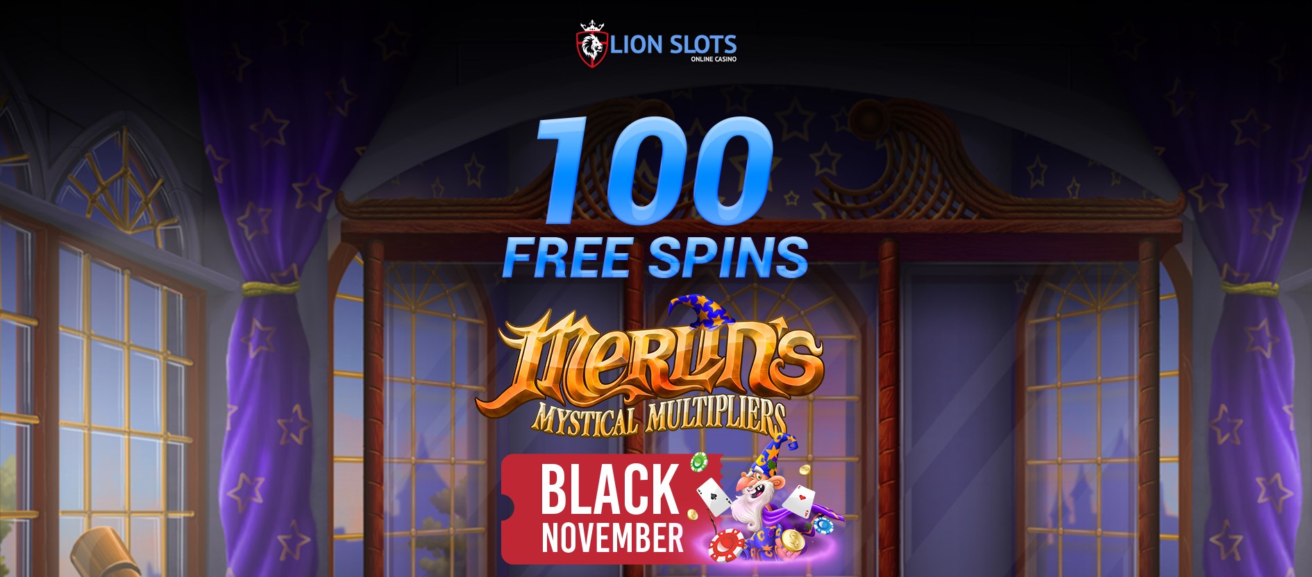 Lion Slots Casino - Exclusive 100 No Deposit FS Bonus Code on Merlins Mystical Multipliers