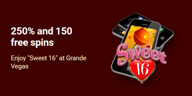 Grande Vegas Casino - 250% Deposit Bonus Code + 150 FS on Sweet 16 February 2022