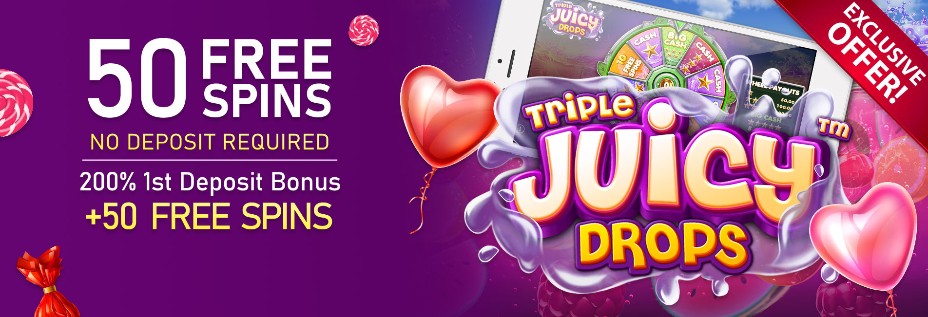 Vegas Crest Casino - Exclusive 50 No Deposit FS on Triple Juicy Drops + 200% Bonus + 50 Free spins
