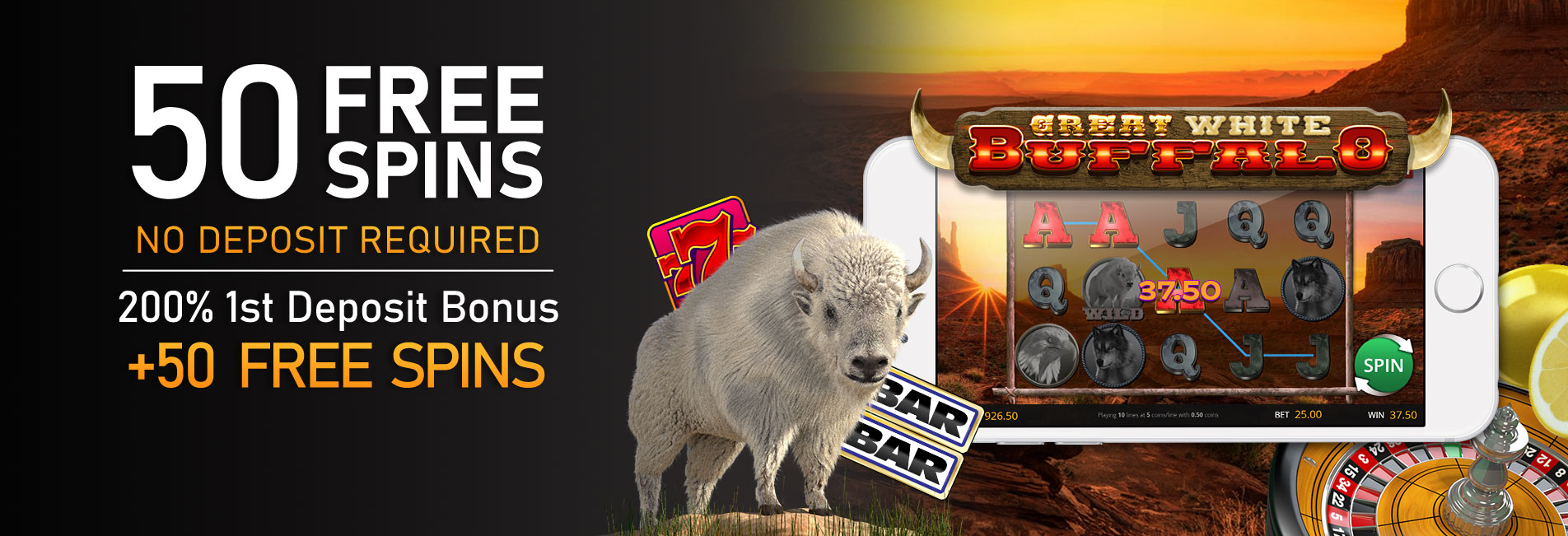 Vegas Crest Casino - Exclusive 50 No Deposit FS on Great White Buffalo + 200% Bonus + 50 Free spins