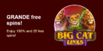 Grande Vegas Casino - 150% Deposit Bonus + 25 FS on Big Cat Links