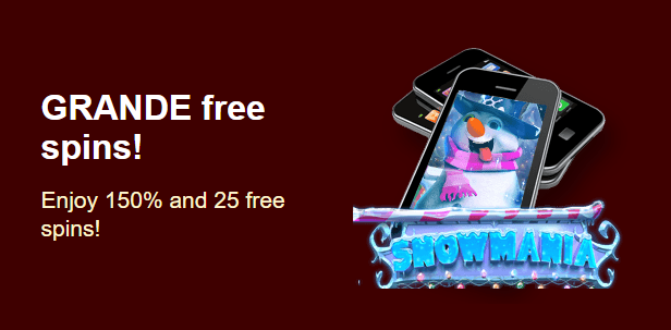 Grande Vegas Casino - 150% Deposit Bonus + 25 FS on Snowmania